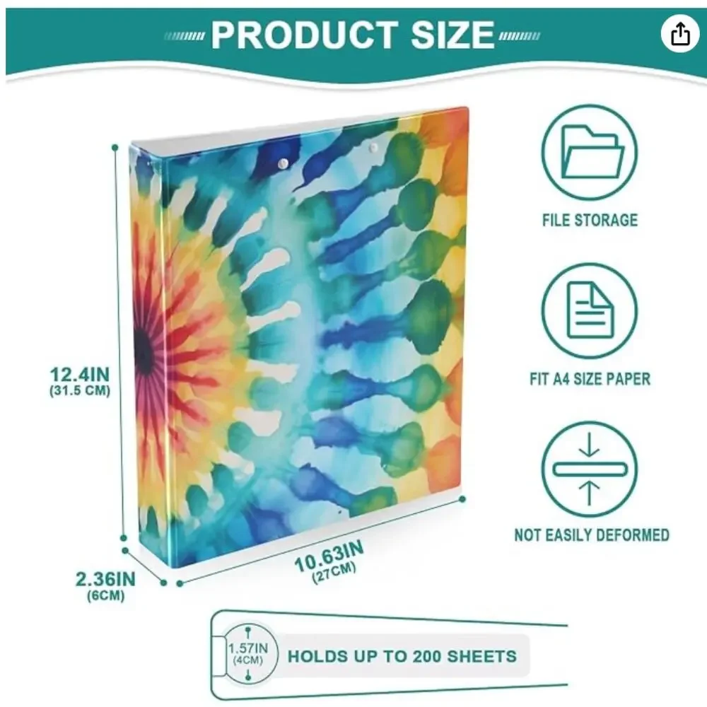 3 Ring Binder with Clipboard, 3 Interior PVC Clear Pockets- Rainbow Tiedye